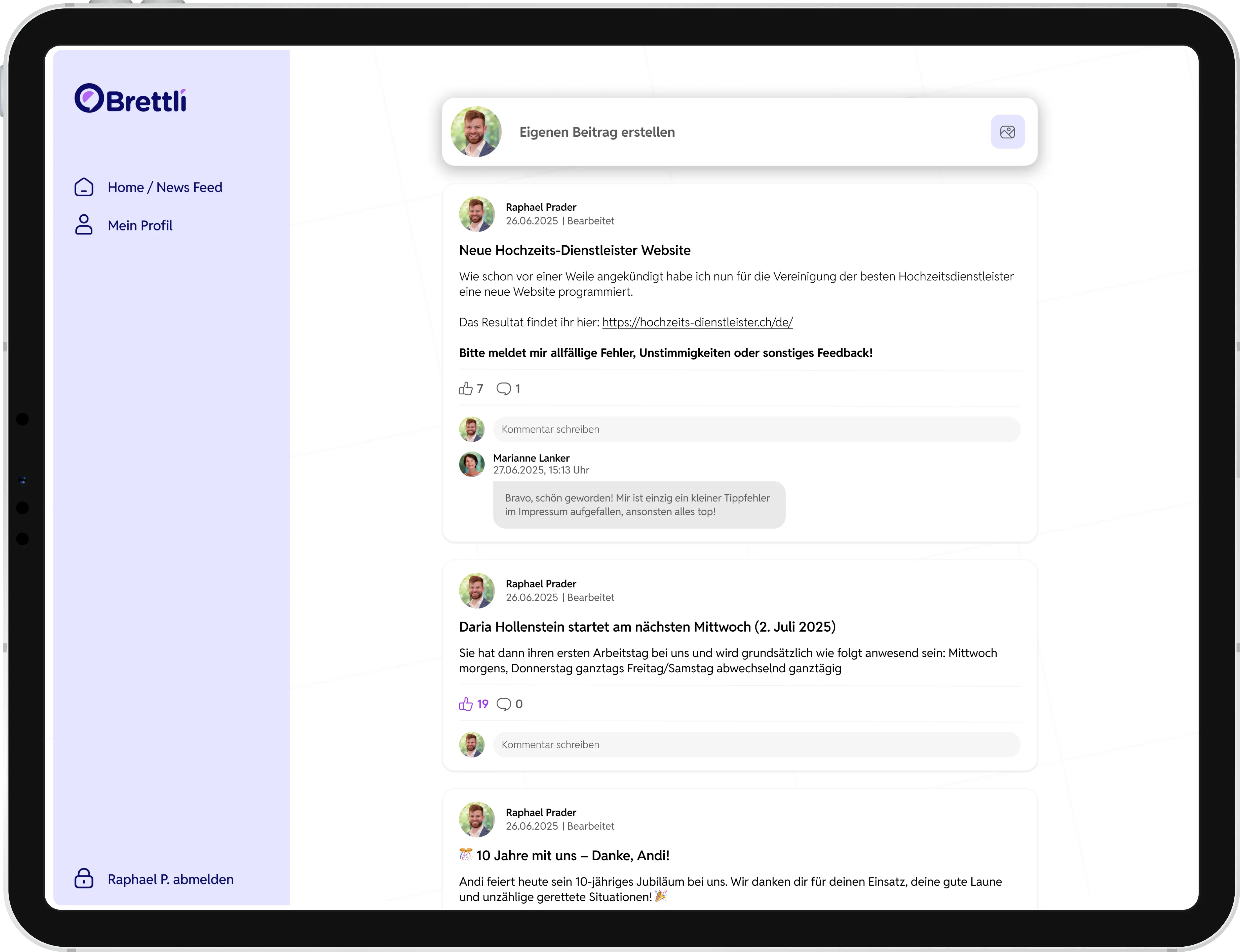 Brettli App Vorschau auf einem Tablet